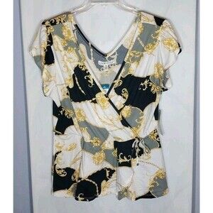 Baroque Chain Print Blouse Faux Wrap Plus Size 3X Flutter Sleeve Stretch NWT